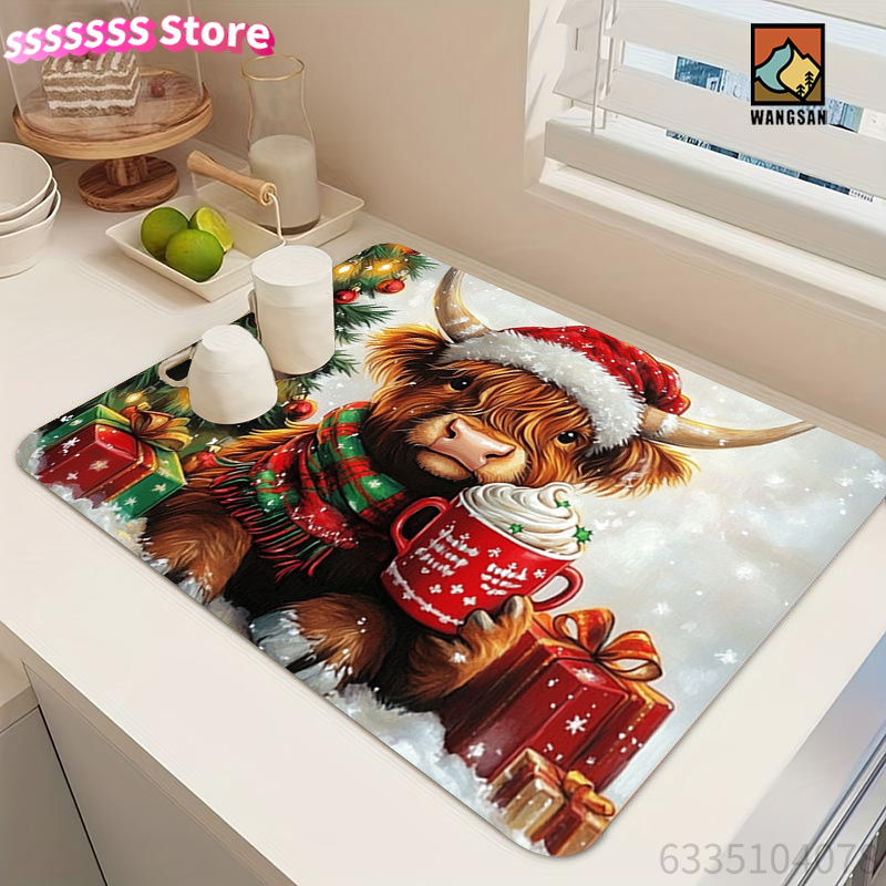 Cow Mat Rubber - Highland Cow and Christmas Tree Patterned