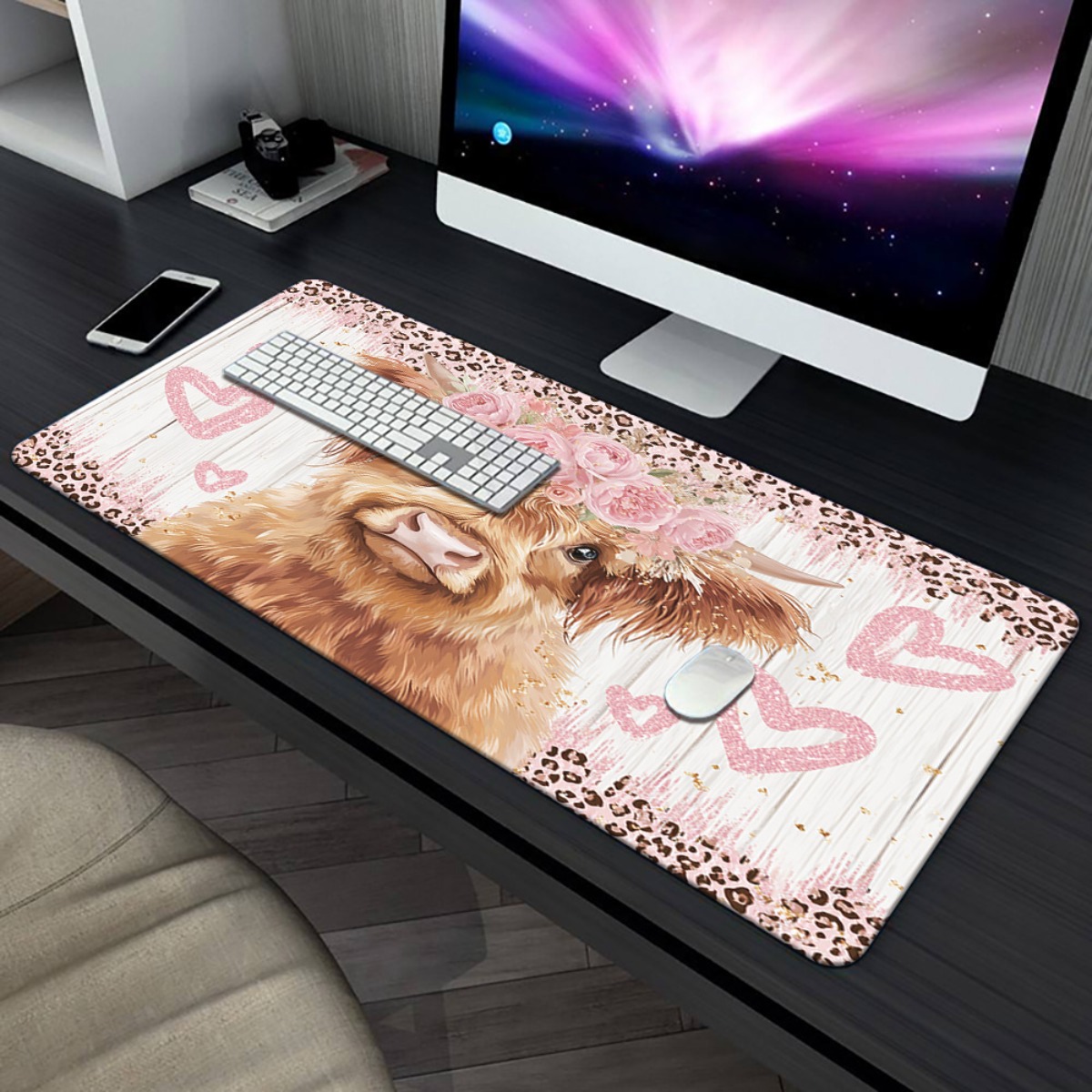 Highland Cow Desk Mat Pink Flo - Cow Mat Rubber ulasan dan harga